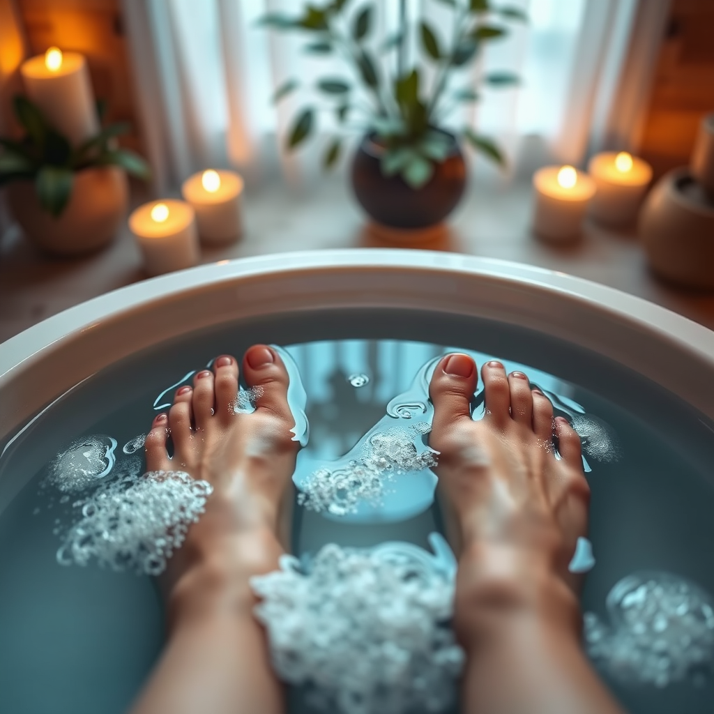 A calming scene depicting a pair of feet soaking in an ionic footbath with soft, diffused lighting. The water is clear and gently bubbling. The background is a blurry spa setting with candles and plants. Camera angle is slightly above, capturing the peaceful atmosphere.