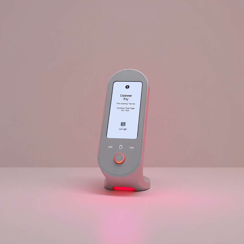 A clean and simple image showcasing the user interface of a red light therapy device. The lighting is bright and clear. The focus is on the ease of use. Style reference: Minimalist product photography.