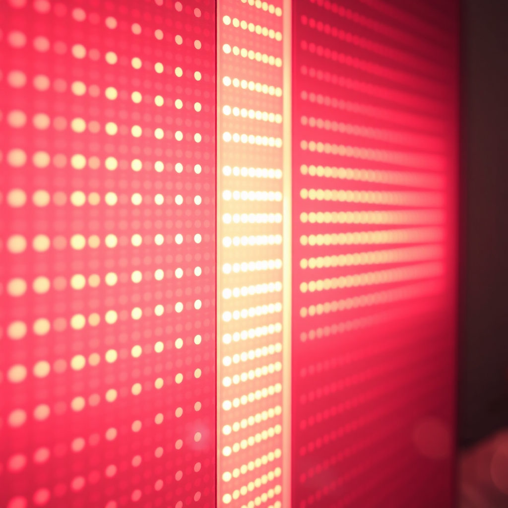 A close-up, photorealistic image of an infrared light panel emitting a warm, soothing glow. The focus should be on the radiant energy and the advanced technology behind the therapy. Highlight the gentle warmth and the potential for healing and rejuvenation. Use soft, diffused lighting to create a sense of comfort and relaxation.