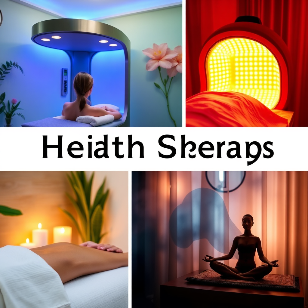 A collage-style image showcasing different health therapies available at the venue, including infrared light therapy, massage therapy, and meditation. The image should convey a sense of variety and choice, emphasizing the comprehensive approach to wellness. Utilize vibrant colors and diverse textures to capture the unique essence of each therapy.