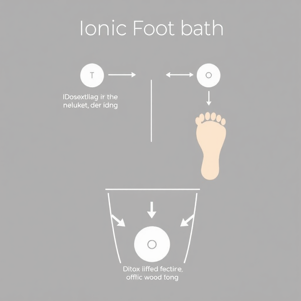 A diagrammatic representation of the ionic footbath process, showing the movement of ions and the detoxification process. The image is clean and informative, with clear labels and arrows. The color palette is neutral and professional.
