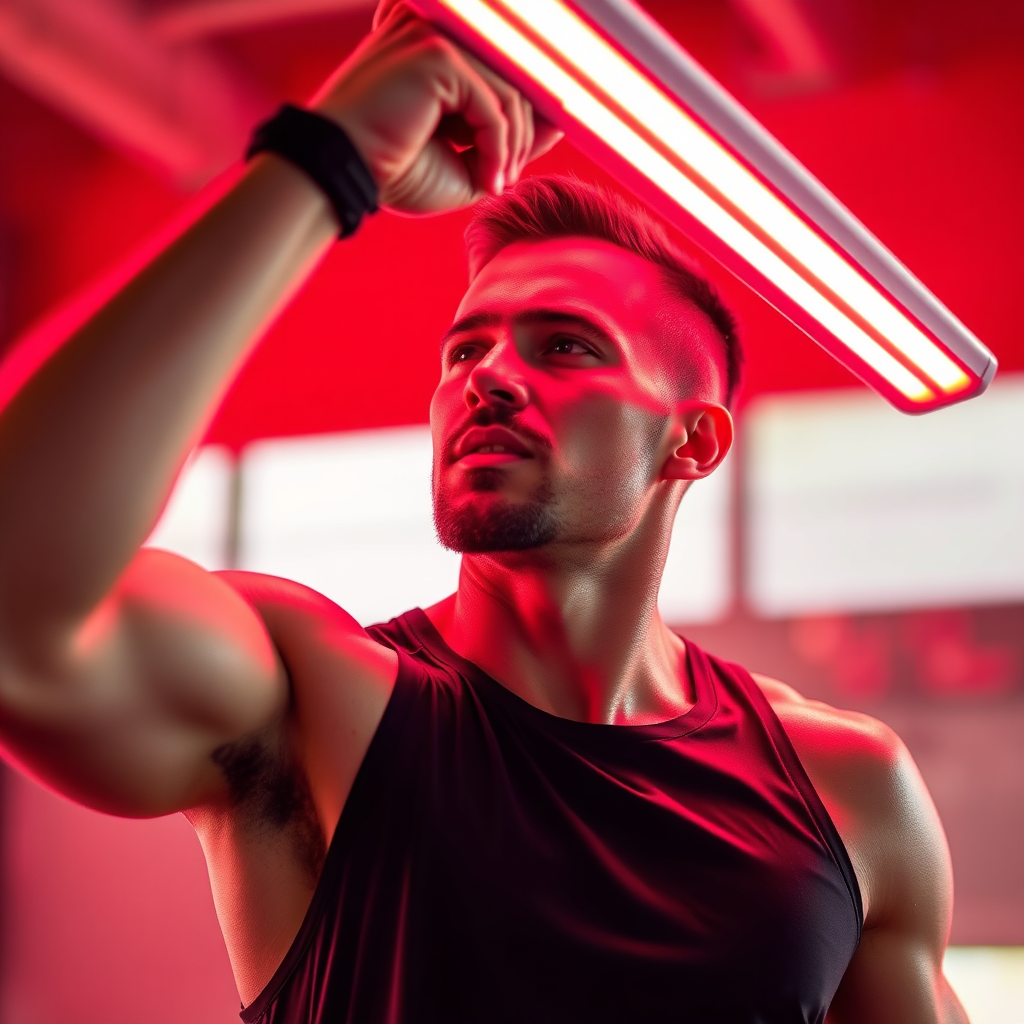 A dynamic image of an athlete using red light therapy after a workout. The lighting is bright and energetic. The color palette consists of vibrant colors. Camera angle: action shot, showcasing the athlete's determination. Style reference: Sports photography.