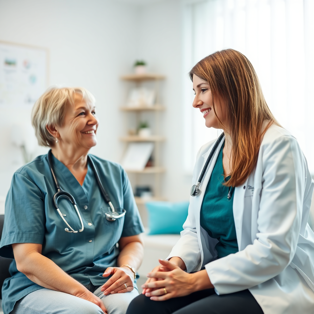 A friendly and professional healthcare provider consulting with a client. The environment is a clean and well-lit office. The focus is on the interaction and the care provided. Camera angle is medium shot, capturing both the provider and the client.