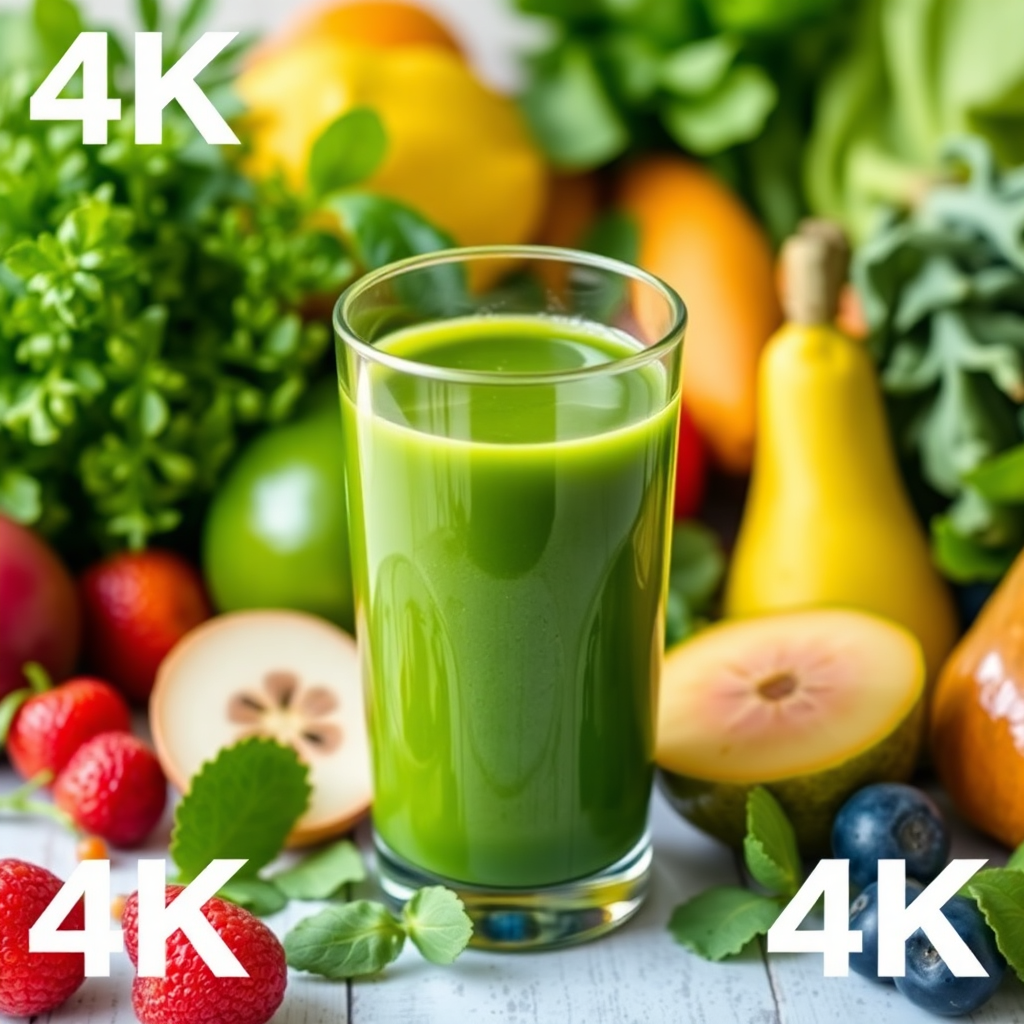 A glass of green juice with various fruits and vegetables surrounding it, representing holistic detoxification. Fresh and vibrant colors. 4K resolution.