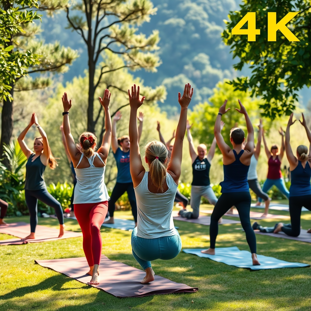 A group of people practicing yoga outdoors, surrounded by nature. Energetic and uplifting atmosphere. 4K resolution.