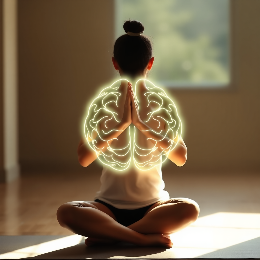 A person in a yoga pose with a glowing brain outline superimposed, showcasing the mind-body connection. Soft, natural lighting. 4K resolution.