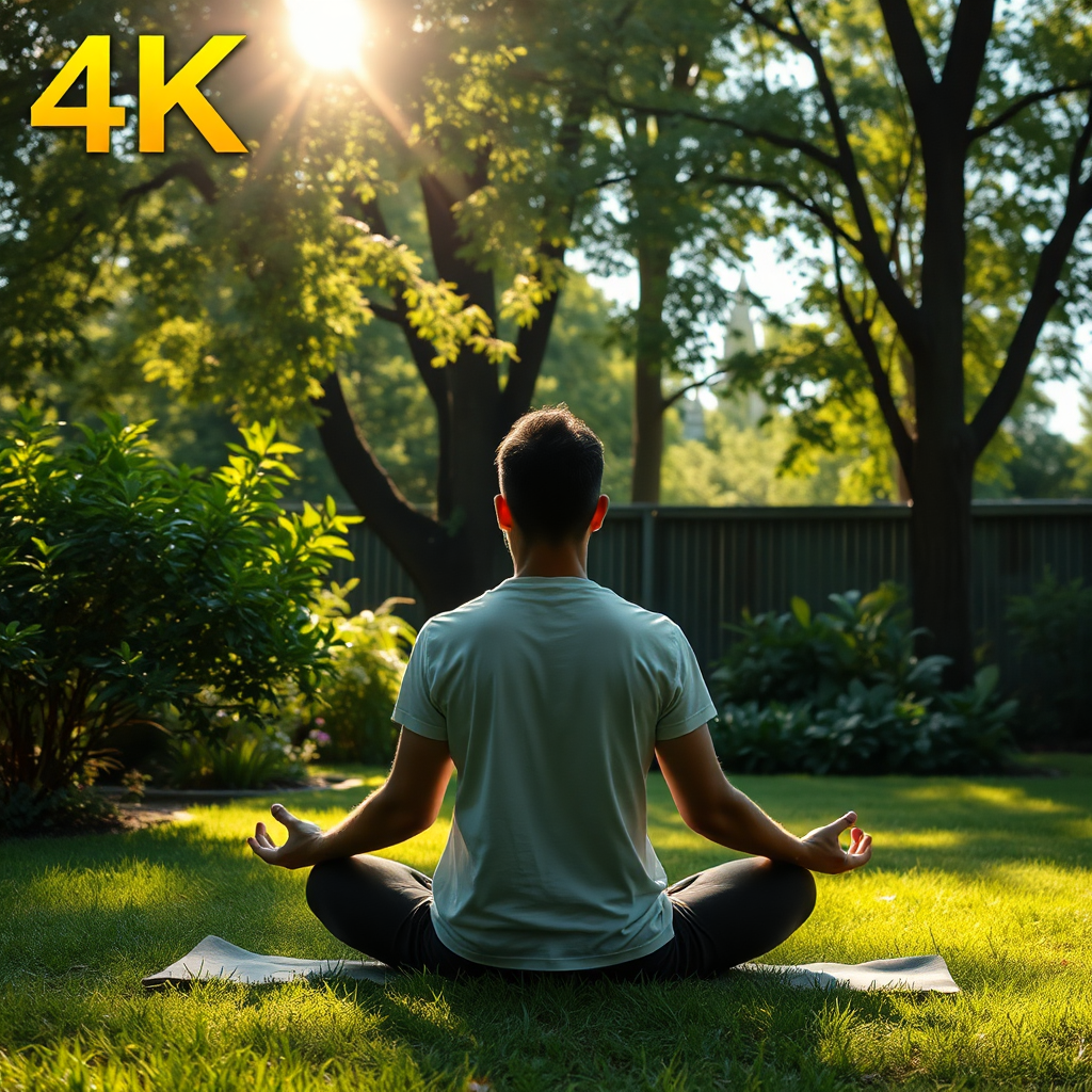 A person meditating in a serene garden setting, with sunlight filtering through the trees. Peaceful and calming atmosphere. 4K resolution.