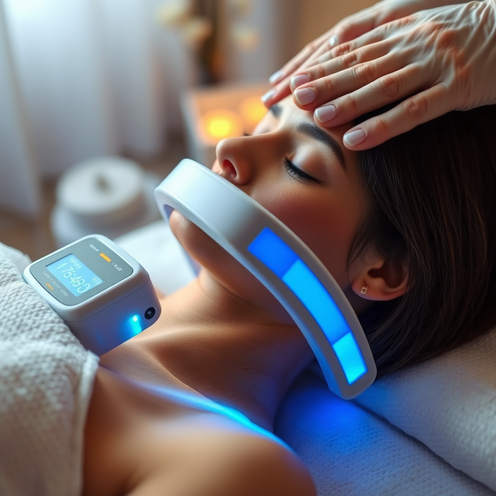 A person receiving PEMF therapy treatment. Modern PEMF device visible. Background should be a relaxing, spa-like setting. High resolution, focusing on clarity and detail. 4K resolution.