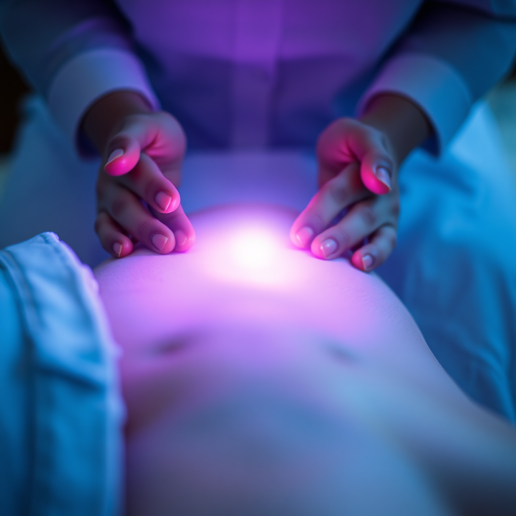 A person receiving Reiki healing, with a soft, ethereal light emanating from the healer's hands. Gentle color palette, focusing on blues and purples. 4K resolution.