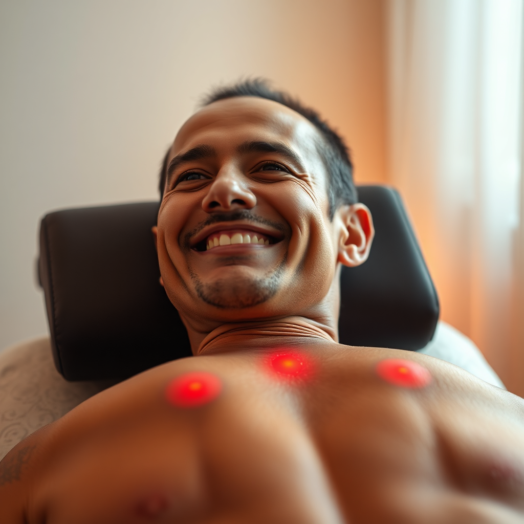 A person smiling while receiving PEMF therapy on their back. The setting is comfortable and therapeutic, representing pain relief. Soft, warm lighting. 4K resolution.