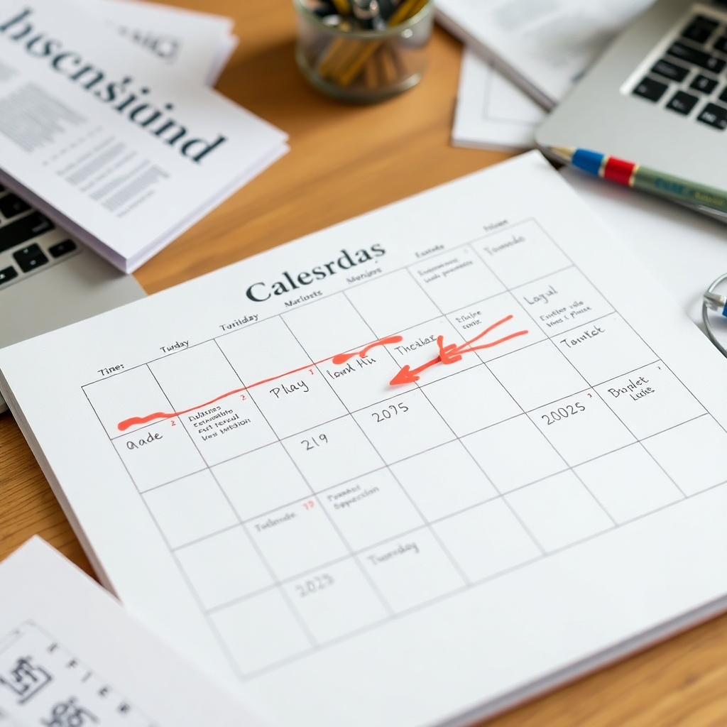 A photorealistic image of a calendar or planner with marked dates indicating a consistent publishing schedule, surrounded by relevant research materials and a laptop.