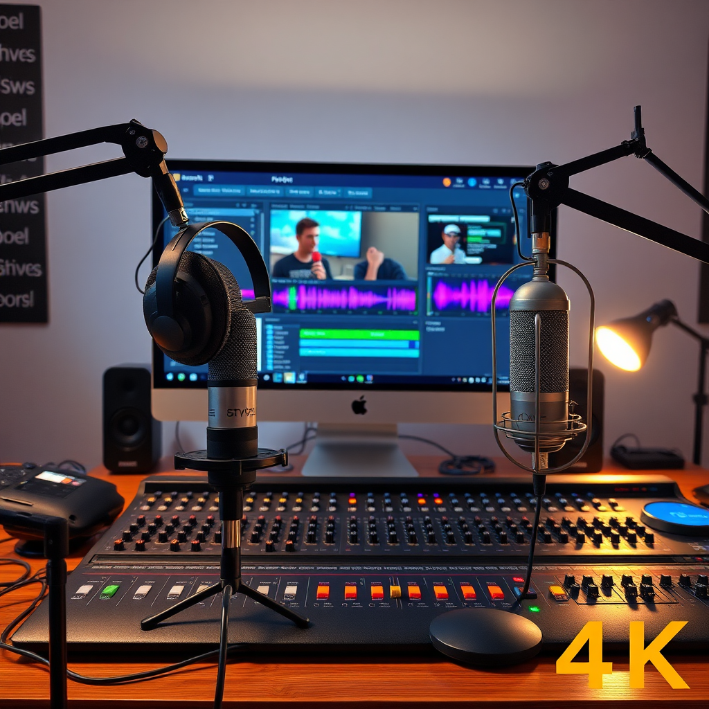 A photorealistic image of a complete podcast production setup. Microphones, headphones, mixing console, and editing software displayed on a computer screen. Soft lighting. Professional environment. Focus on crisp details of the equipment. 4K resolution.