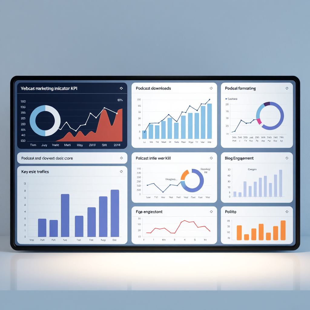 A photorealistic image of a dashboard displaying key performance indicators (KPIs) for digital marketing campaigns. The dashboard features charts, graphs, and data visualizations that provide insights into website traffic, podcast downloads, and blog engagement. The lighting is soft and professional, highlighting the clarity of the data. Style: modern, corporate, analytical. Technical specs: 4K resolution, high quality rendering.