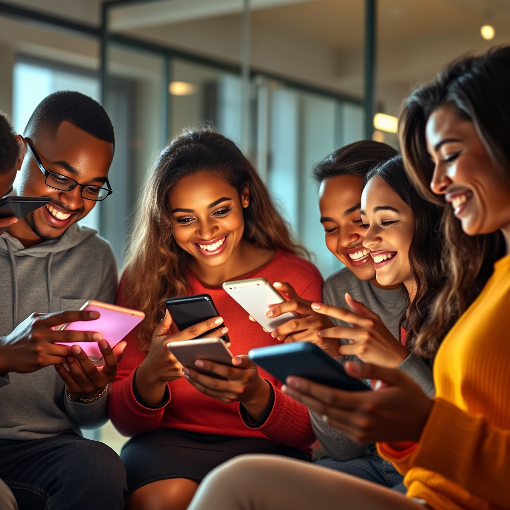 A photorealistic image of a diverse group of people engaging with digital content on various devices (smartphones, tablets, laptops). The people are smiling and interacting with each other, demonstrating the power of community. The lighting is warm and inviting, creating a sense of connection. Style: modern, diverse, inclusive. Technical specs: 4K resolution, high quality rendering.