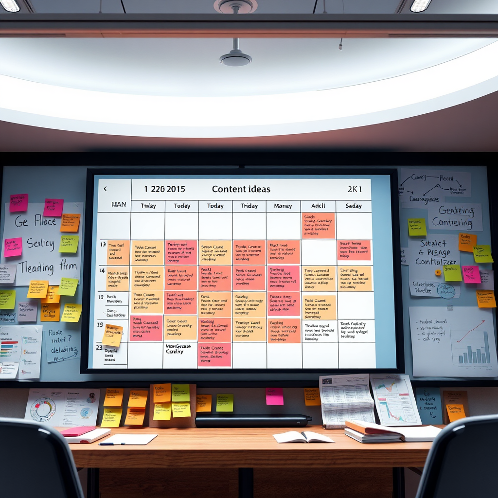 A photorealistic image of a digital calendar displayed on a large screen, filled with strategic content ideas and deadlines. The calendar is surrounded by sticky notes, brainstorming diagrams, and other creative planning tools. The lighting is bright and focused, emphasizing the importance of organization. Style: modern, corporate, productive. Technical specs: 4K resolution, high quality rendering.