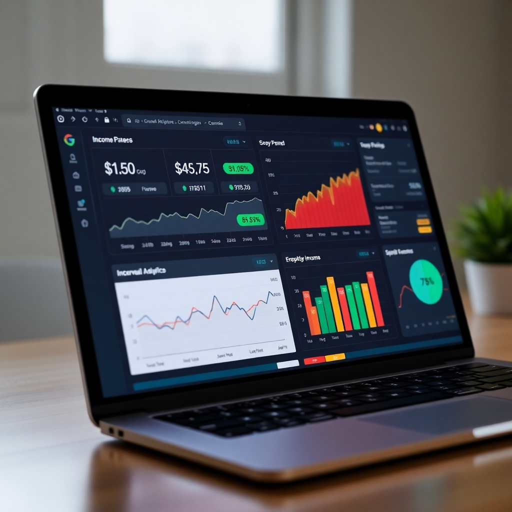 A photorealistic image of a laptop screen displaying various income streams and analytics.  The image conveys a sense of accomplishment and financial success.