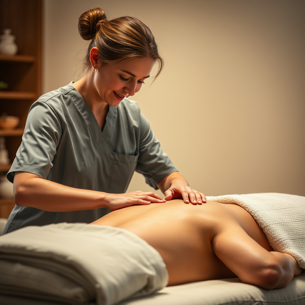 A photorealistic image of a massage therapist gently working on a client's back, conveying a sense of relaxation and well-being. The focus should be on the skilled touch of the therapist and the client's peaceful expression. Utilize soft lighting and a warm color palette to create a calming and inviting atmosphere.
