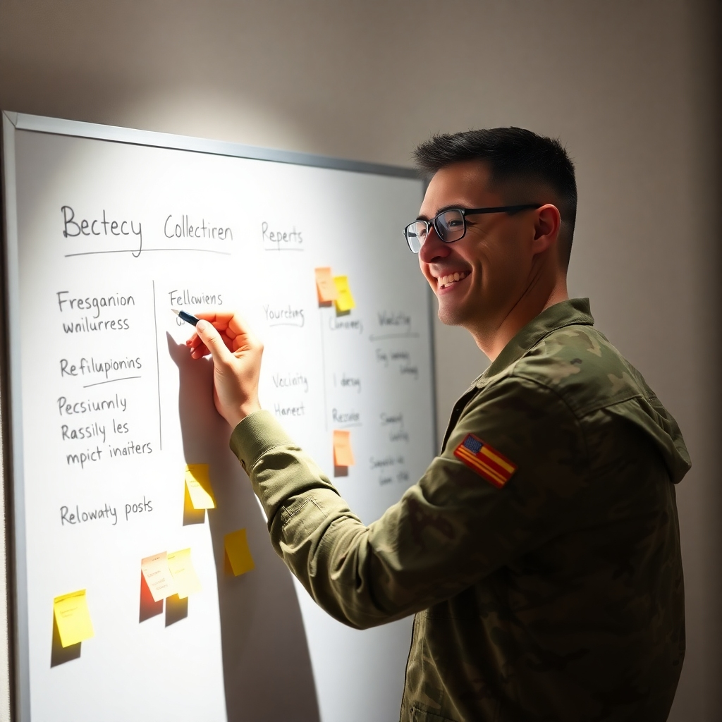  A photorealistic image of a military veteran meticulously planning on a whiteboard, brainstorming blog post ideas, surrounded by relevant keywords and post-it notes. The lighting is bright, and the veteran is smiling, indicating enthusiasm and focus. The style should be minimalist yet effective, clean and professional, conveying a clear planning process.
