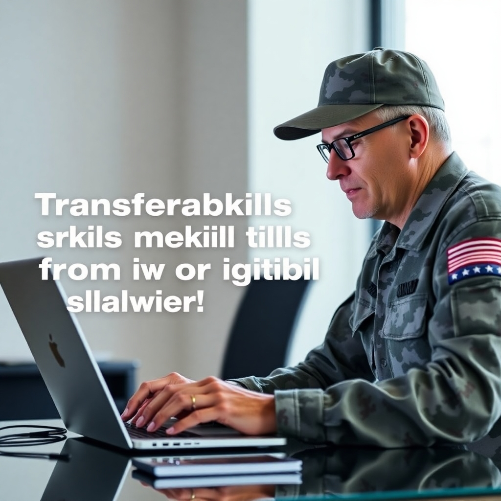 A photorealistic image of a military veteran using a laptop, highlighting the transferability of skills from the military to the digital world. The image should be well-lit and showcase modern technology.