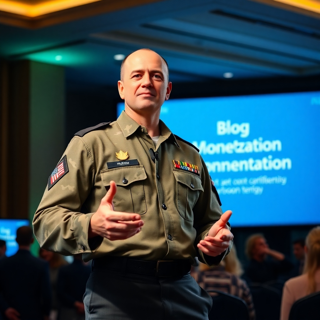 A photorealistic image of a military veteran confidently presenting at a conference.  The background shows a large screen with a presentation about blog monetization. The style reflects professionalism and success.