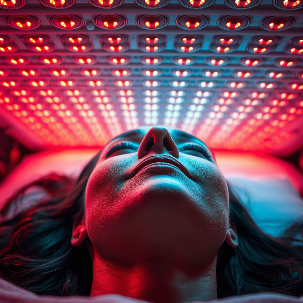 A photorealistic image of a person lying comfortably under an array of infrared lights, showcasing a serene and relaxing environment. The lights should cast a warm, red glow, highlighting the therapeutic effects. Capture the feeling of gentle warmth and rejuvenation. Close-up shot focusing on the person's peaceful expression. Focus on the radiant glow and skin texture.