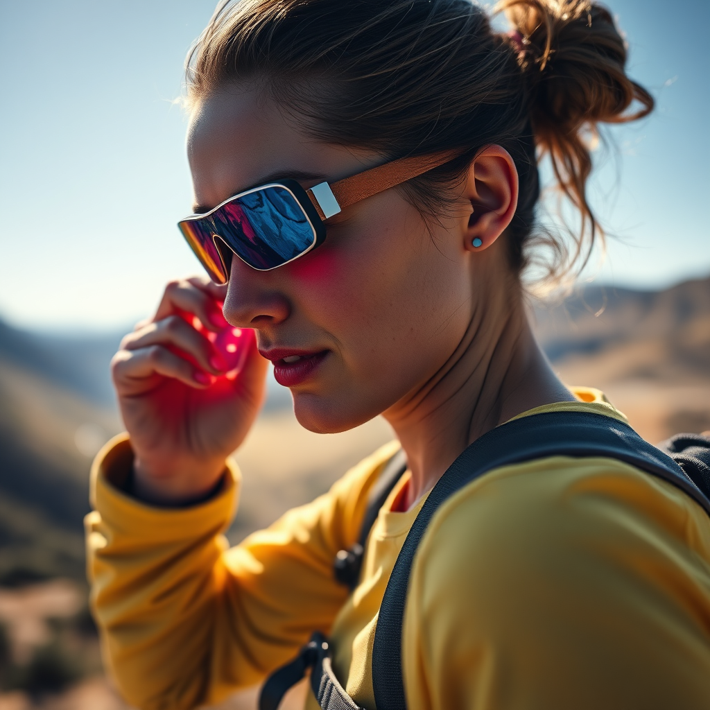 A photorealistic image of a person using a wearable red light therapy device while hiking in a scenic landscape. The lighting should be natural and vibrant. The color palette consists of earthy tones and bright blues. Camera angle: wide shot, showcasing the person's active lifestyle. Style reference: Adventure photography.