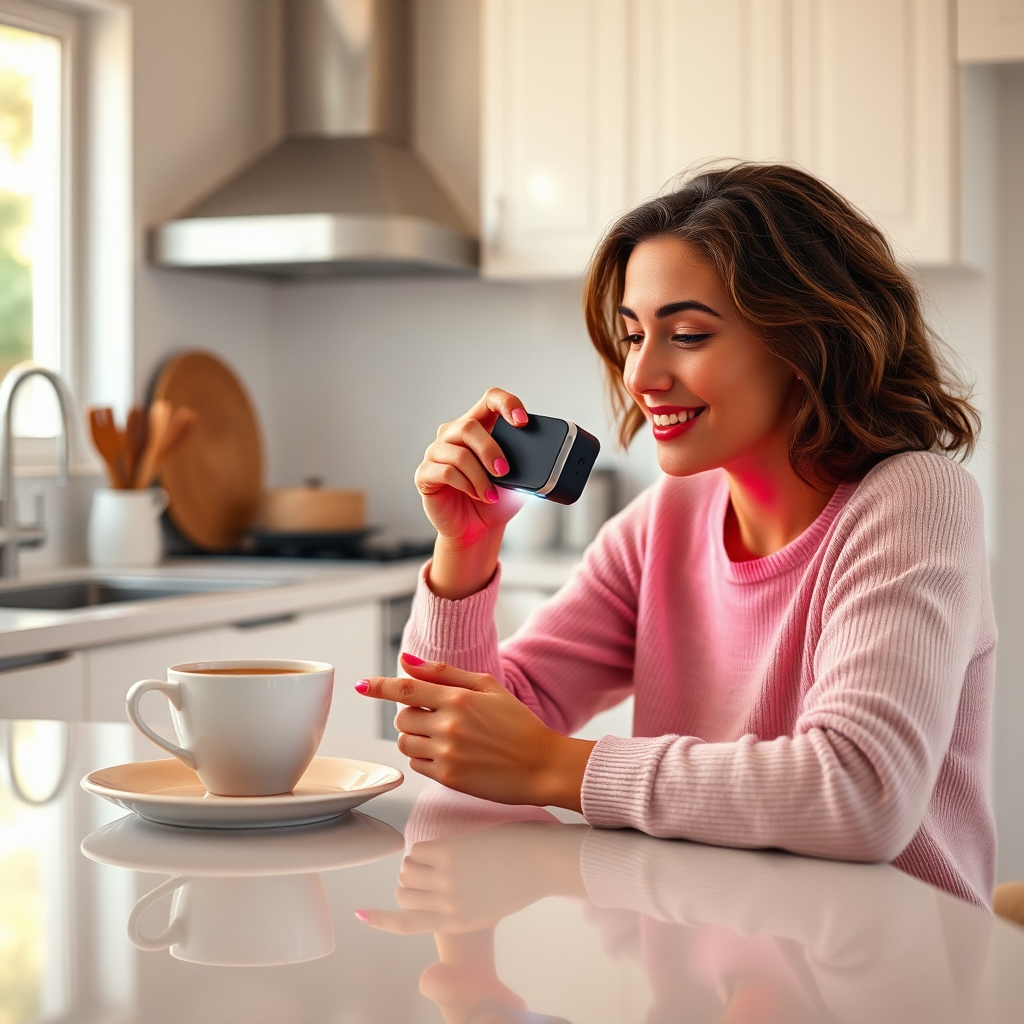 A photorealistic image of a person using a small, portable red light therapy device while enjoying their morning coffee at a bright, modern kitchen counter. The lighting should be natural and warm. The focus is on the seamless integration of the device into their routine. Camera angle: close-up, eye-level shot. Style reference: Modern lifestyle photography.