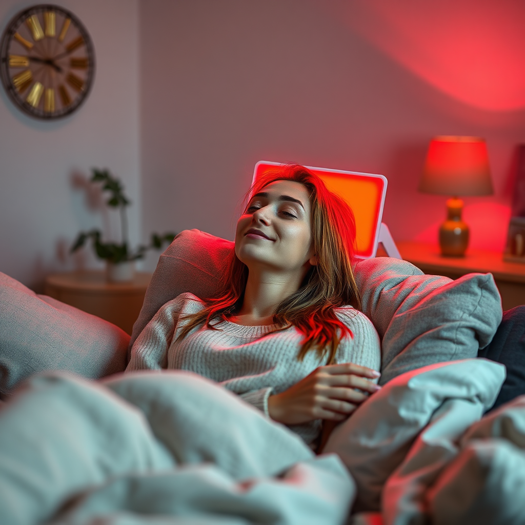 A photorealistic image of a person relaxing comfortably at home while using a red light therapy panel. The room is softly lit and calming, with elements of personal comfort. Camera angle: medium shot, showcasing the person and the device in a relaxing environment. Style reference: Cozy lifestyle photography.