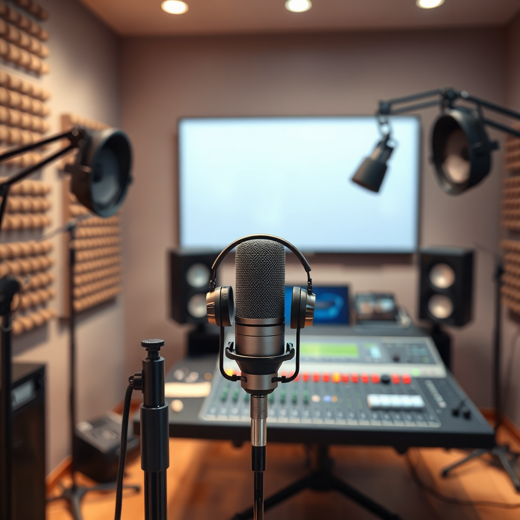 A photorealistic image of a professional podcast recording studio setup. A high-quality microphone stands prominently in the foreground, with headphones and a sound mixing console visible in the background. Soft, diffused lighting creates a warm and inviting atmosphere. Soundproofing panels add visual texture to the walls. Focus on the clarity and detail of the audio equipment. Style: professional, modern, high-tech. Technical specs: 4K resolution, high quality rendering.