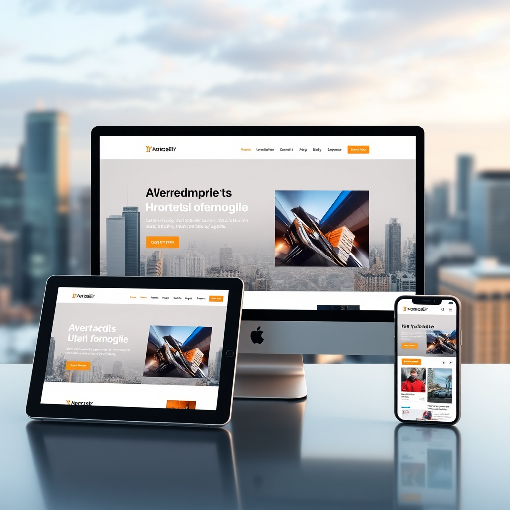 A photorealistic image of a sleek and modern website design displayed on a variety of devices (desktop, tablet, mobile). The website features clean lines, intuitive navigation, and visually appealing graphics. The background shows a blurred cityscape, representing the global reach of the internet. Style: modern, minimalist, professional. Technical specs: 4K resolution, high quality rendering.