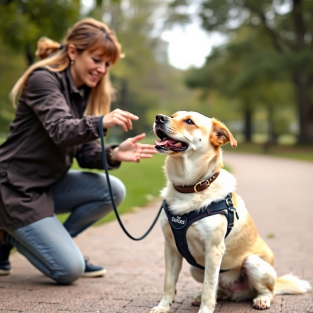 A photorealistic image of a trainer working with a dog on basic commands like 'sit' and 'stay'. Focus on clear communication and positive reinforcement in a park setting. The dog is attentive and responsive. Camera angle: medium shot.