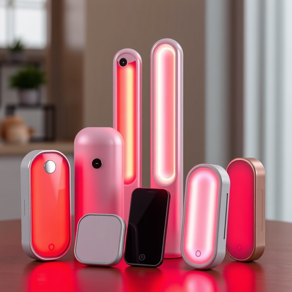 A photorealistic image of various portable red light therapy devices, showcasing their sleek designs and compact sizes. The lighting should be bright and appealing. Style reference: Modern product photography.