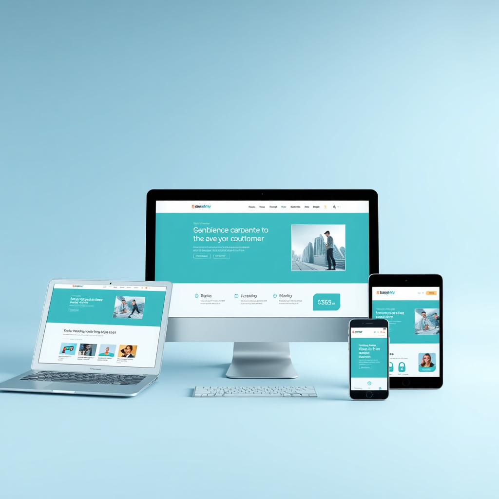 A photorealistic image showcasing a responsive website displayed across various devices (desktop, tablet, mobile). Clean design, intuitive navigation, and modern graphics. Focus on user experience and functionality. 4K resolution.