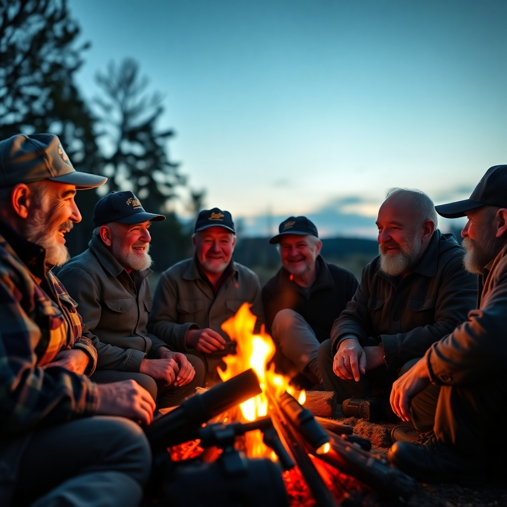 A photorealistic image showing veterans of different eras sharing stories and laughter around a campfire at dusk. Soft, warm lighting highlights their faces. The background shows a peaceful natural setting. 4K resolution.