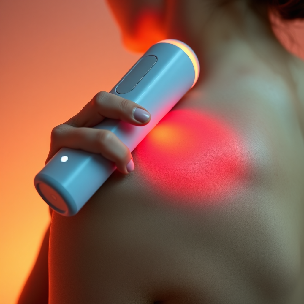 A photorealistic image showing a close-up of a person using a handheld red light therapy device on their sore shoulder. The lighting emphasizes the targeted area. The color palette consists of warm and soothing tones. Camera angle: Close-up shot, focusing on the area being treated. Style reference: Medical illustration with a touch of empathy.