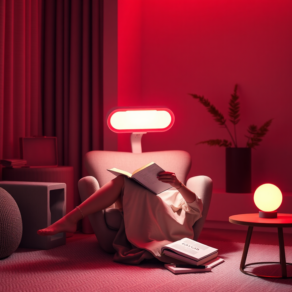 A photorealistic, ultra-high-quality 8K image showcasing the integration of red light therapy into daily life. The scene depicts a modern, minimalist living space bathed in the soft glow of red light emanating from a sleek, portable red light therapy device. A person is comfortably seated, reading a book while receiving therapy. The lighting should be warm and inviting, highlighting the subtle details of the device and the relaxed atmosphere. The color palette consists of warm reds, oranges, and neutral tones. Camera angle: slightly low, angled up to emphasize the person and the device within the environment. Textures should be hyperrealistic, capturing the fine details of skin, fabric, and device materials. Props include a comfortable chair, a book, and a side table. Style reference: Scandinavian minimalism with a touch of futuristic technology.