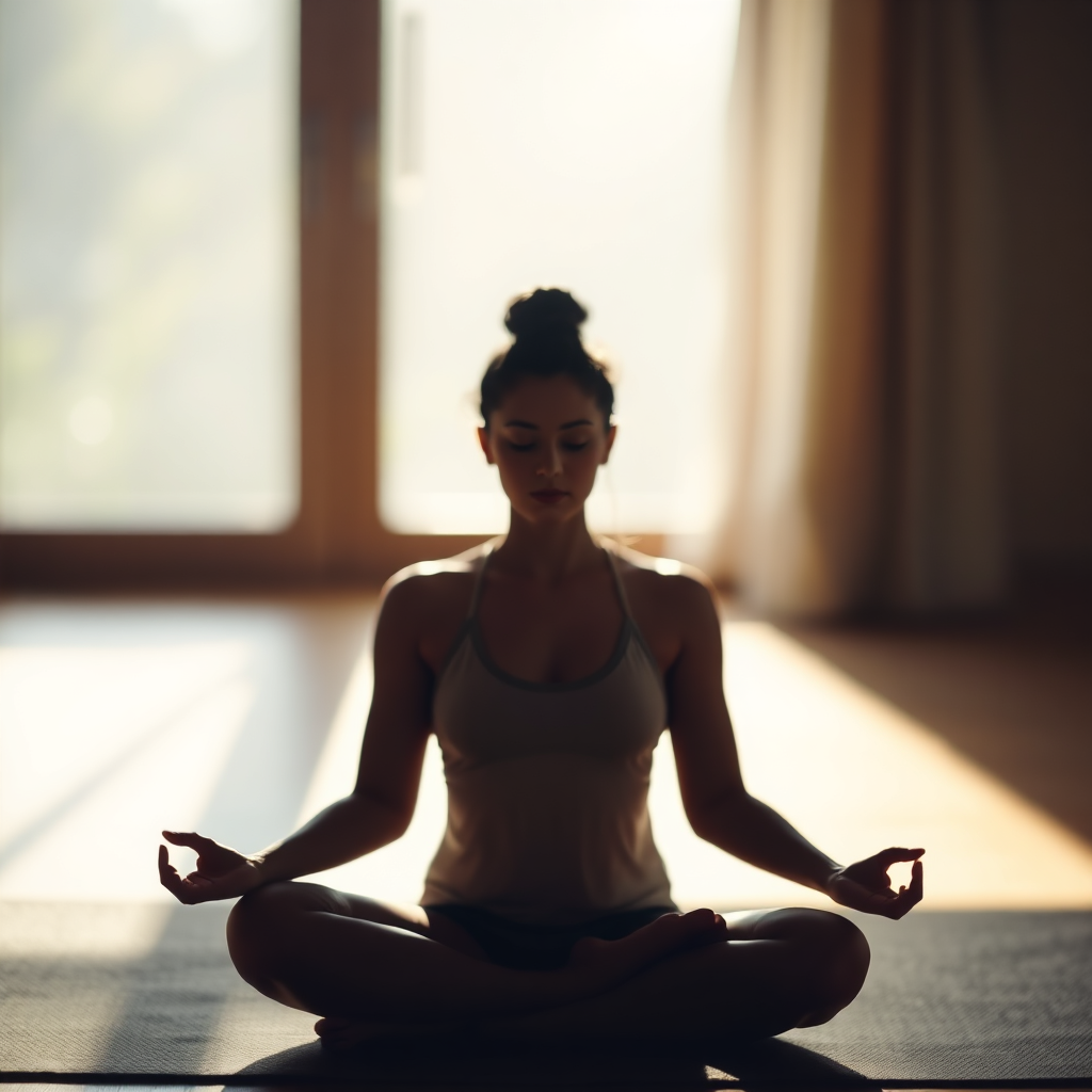 A serene image depicting a person in a meditative pose, bathed in soft, natural light. Focus on the feeling of inner peace and tranquility, with a blurred background suggesting a calming environment. Utilize soft, muted colors and a shallow depth of field to create a sense of intimacy and relaxation.