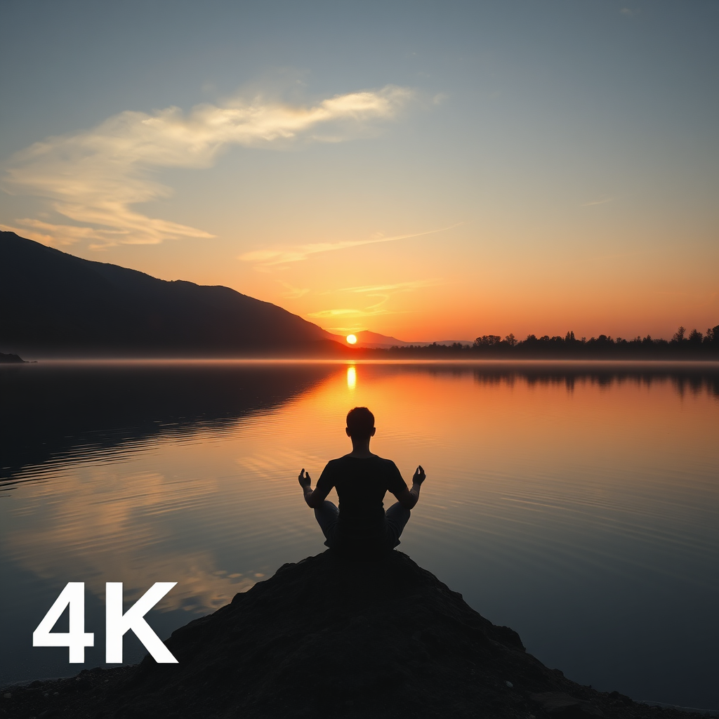 A serene landscape with a single figure meditating by a calm lake at sunrise, symbolizing stress reduction. Soft, warm lighting. 4K resolution.