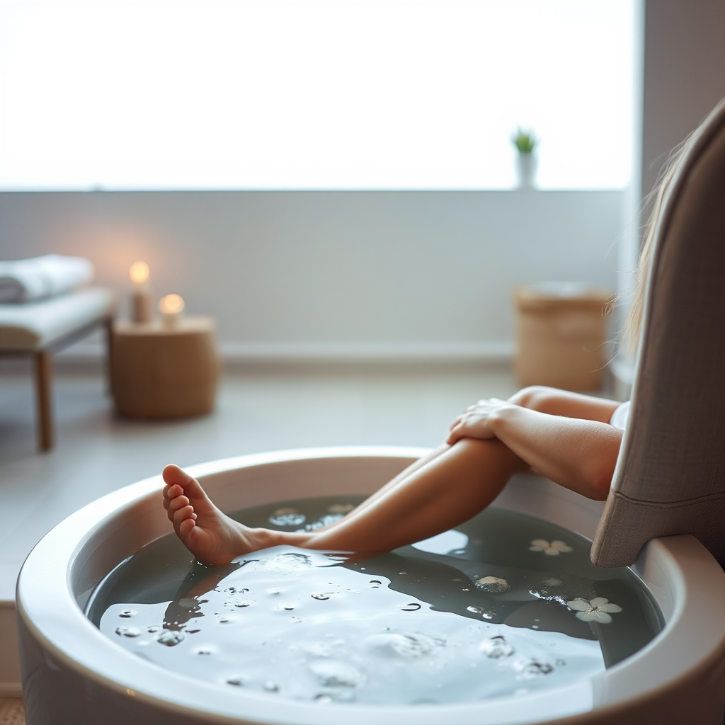 A serene scene of a person relaxing in a comfortable chair, with their feet soaking in an ionic footbath. The background is a calming spa setting, with soft lighting and soothing colors. Camera angle is wide, capturing the whole scene and emphasizing the relaxation aspect.
