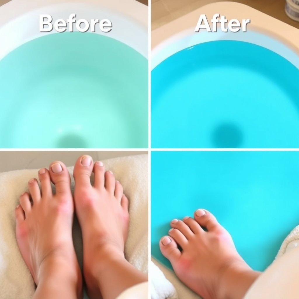 A split-screen image showing before and after effects of an ionic footbath, focusing on the clarity and color change in the water, as well as the relaxed state of the person receiving the treatment. Lighting is consistent, and the color palette is natural and realistic.