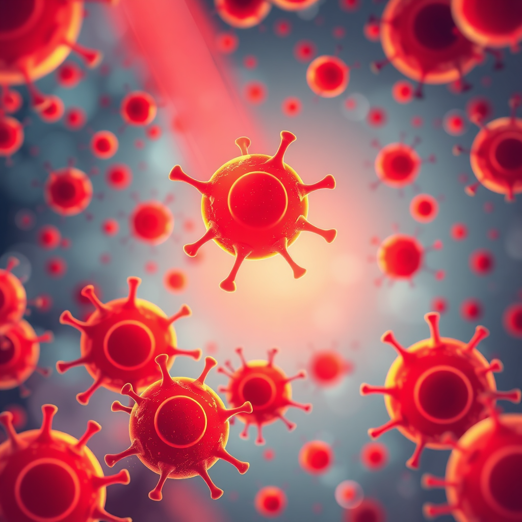 A stylized image depicting healthy cells being rejuvenated by red light. The image should be vibrant and abstract, showcasing the healing effects on a cellular level. Color palette: Reds, oranges, and yellows with a touch of blue. Style reference: Modern scientific illustration.