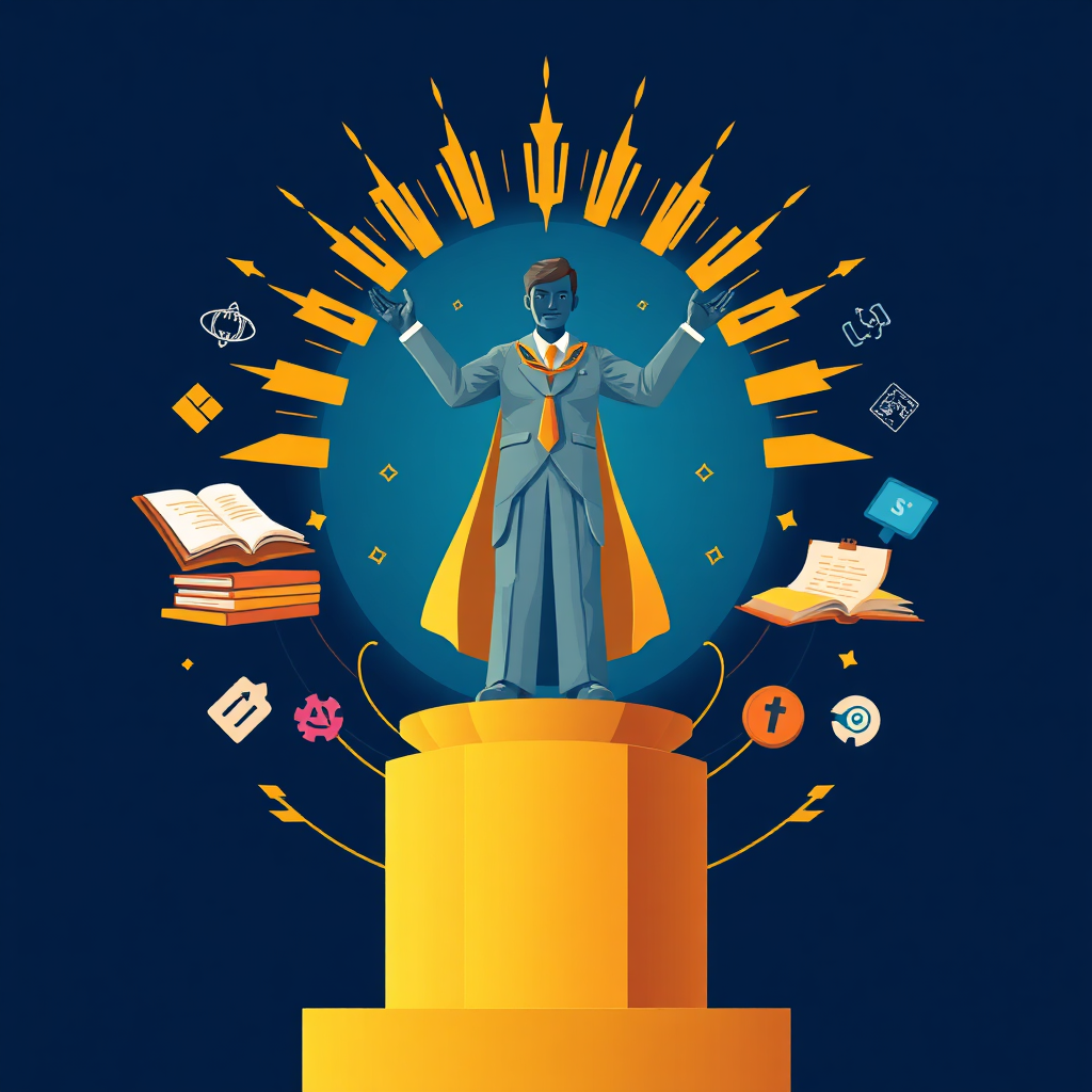 A stylized image of a person standing on a pedestal, radiating confidence and expertise. The person is surrounded by symbols of knowledge and wisdom, such as books, scrolls, and digital icons. The color palette is rich and authoritative, with golds and blues dominating. Style: abstract, modern, empowering. Technical specs: 4K resolution, high quality rendering.