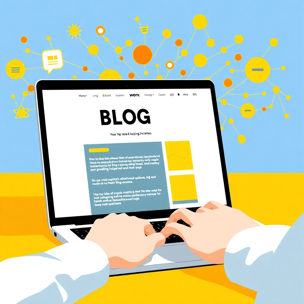 A stylized image of a person typing on a laptop, with a vibrant and dynamic blog layout projected onto the screen. The background shows a network of interconnected ideas and concepts, represented by abstract shapes and lines. The color palette is bright and energetic, with yellows and oranges dominating. Style: modern, creative, digital. Technical specs: 4K resolution, high quality rendering.