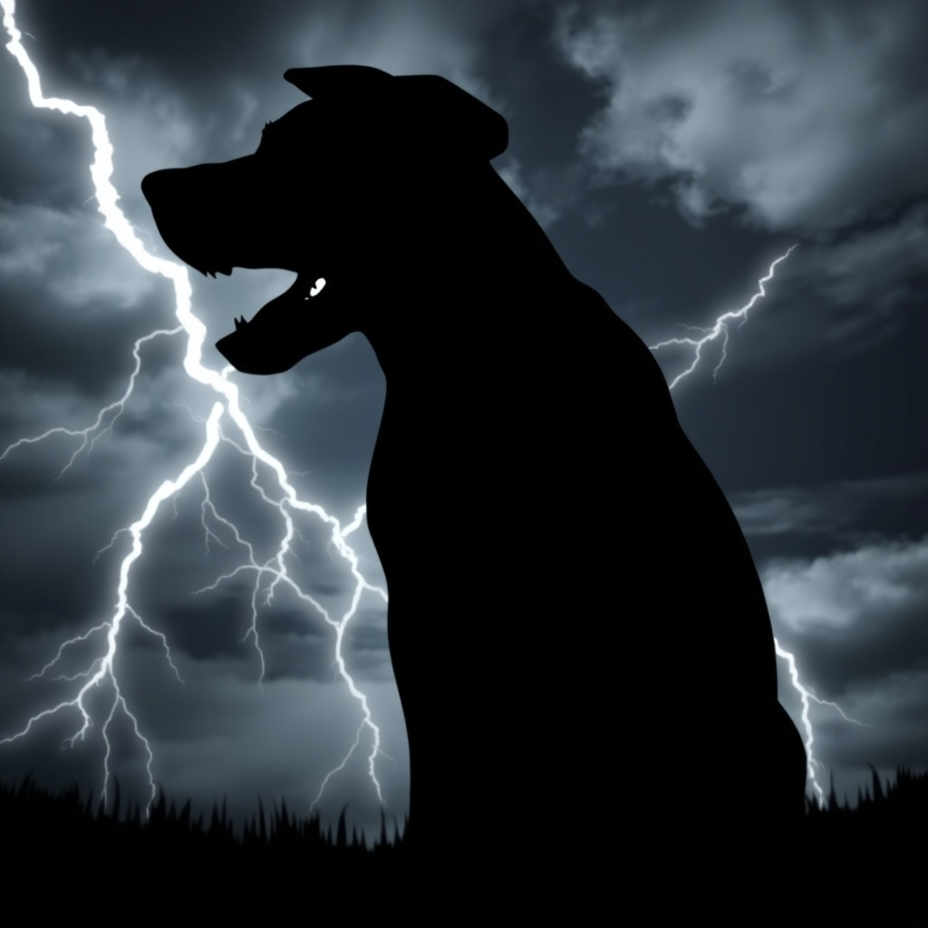 A stylized image representing a dog's anxiety. The dog is silhouetted against a stormy background with exaggerated lightning. Focus on the dog's tense posture and fearful expression. Use dark and muted colors to convey the feeling of anxiety. Style reference: Dramatic and slightly surreal, emphasizing the intensity of the dog's emotions.