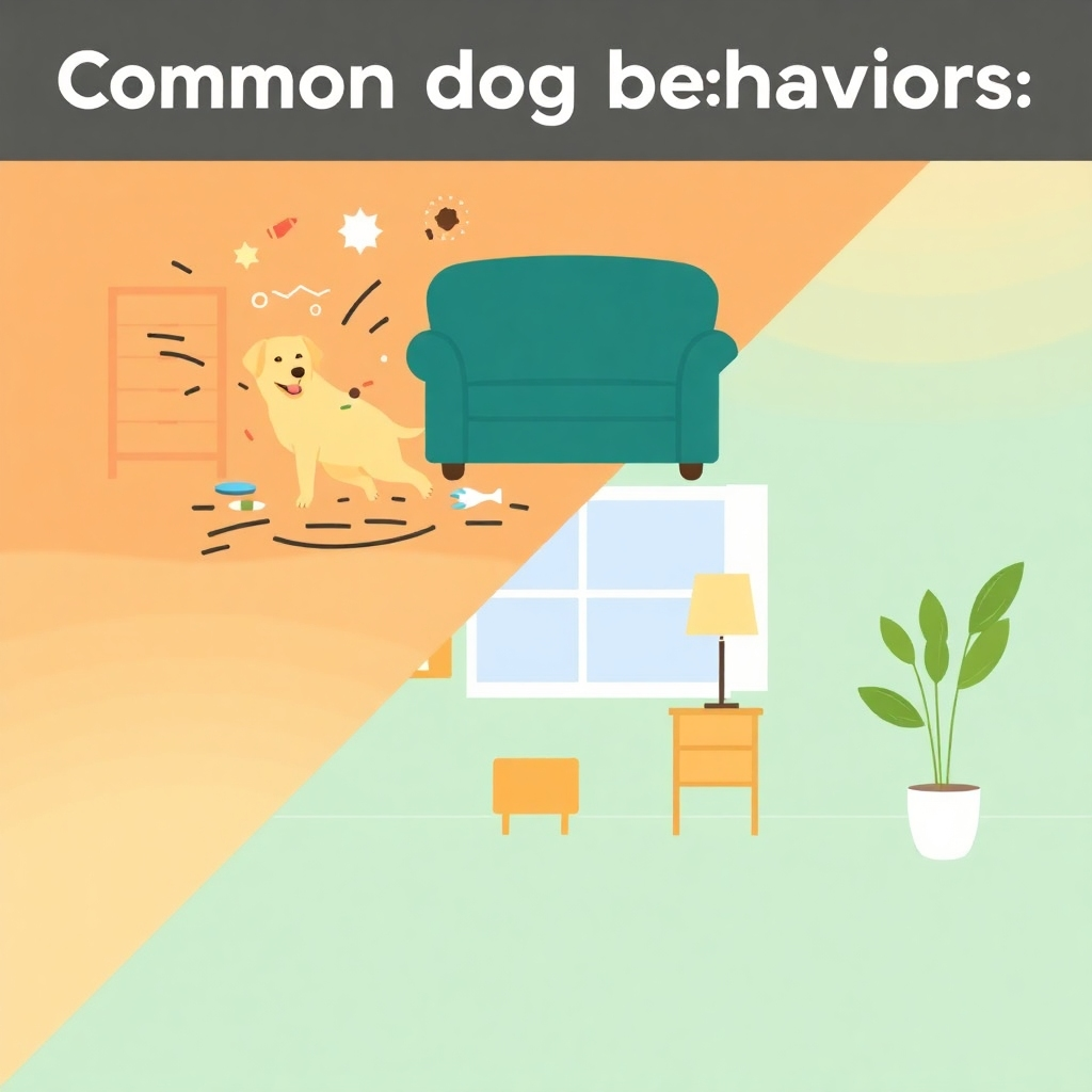 A stylized image representing common dog behavior issues. Consider a split-screen composition: one side depicting a chaotic scene (e.g., a dog chewing furniture), the other side showing a calm and controlled environment after successful training. Use contrasting colors to highlight the difference. Style reference: Simple, symbolic, and slightly abstract, conveying the transformation from chaos to calm.