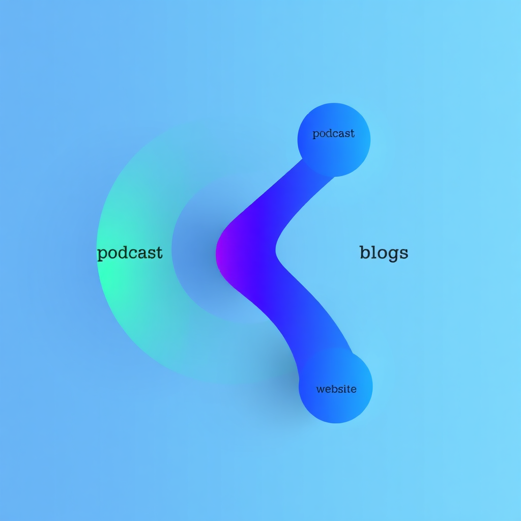 A stylized image representing the interconnectedness of podcasts, blogs, and websites. Three distinct pathways (representing each medium) converge into a central point, symbolizing the power of integrated marketing. The color palette is harmonious and balanced, with blues, greens, and purples blending seamlessly. Style: abstract, modern, digital. Technical specs: 4K resolution, high quality rendering.