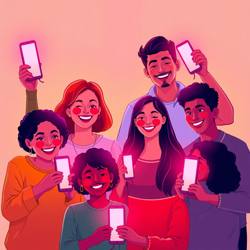A stylized image showcasing a diverse group of people from different backgrounds happily using red light therapy devices. The lighting is warm and inclusive. The color palette is vibrant and welcoming. Style reference: Inclusive lifestyle illustration.