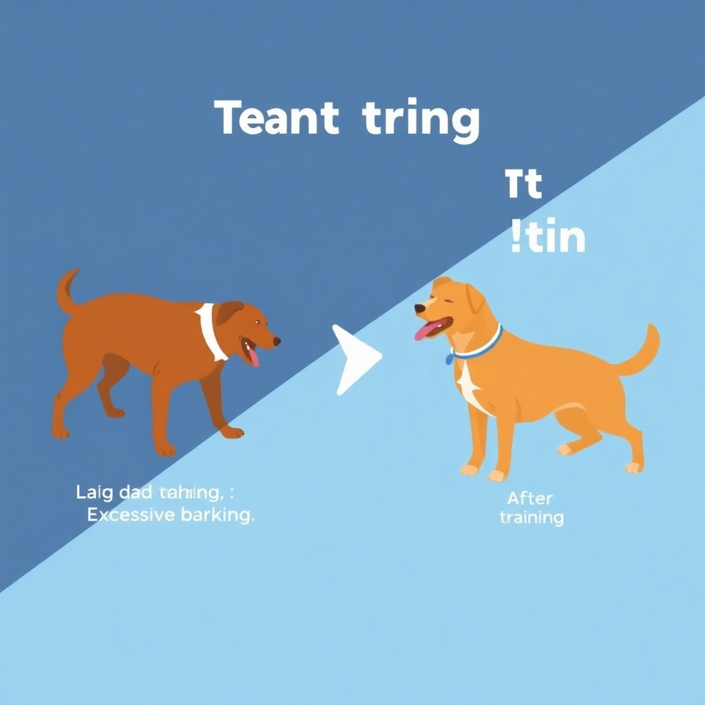 A stylized image showing the transition from a dog exhibiting a negative behavior (e.g., excessive barking) to a calm and controlled state after training. Use contrasting colors and composition to highlight the transformation.