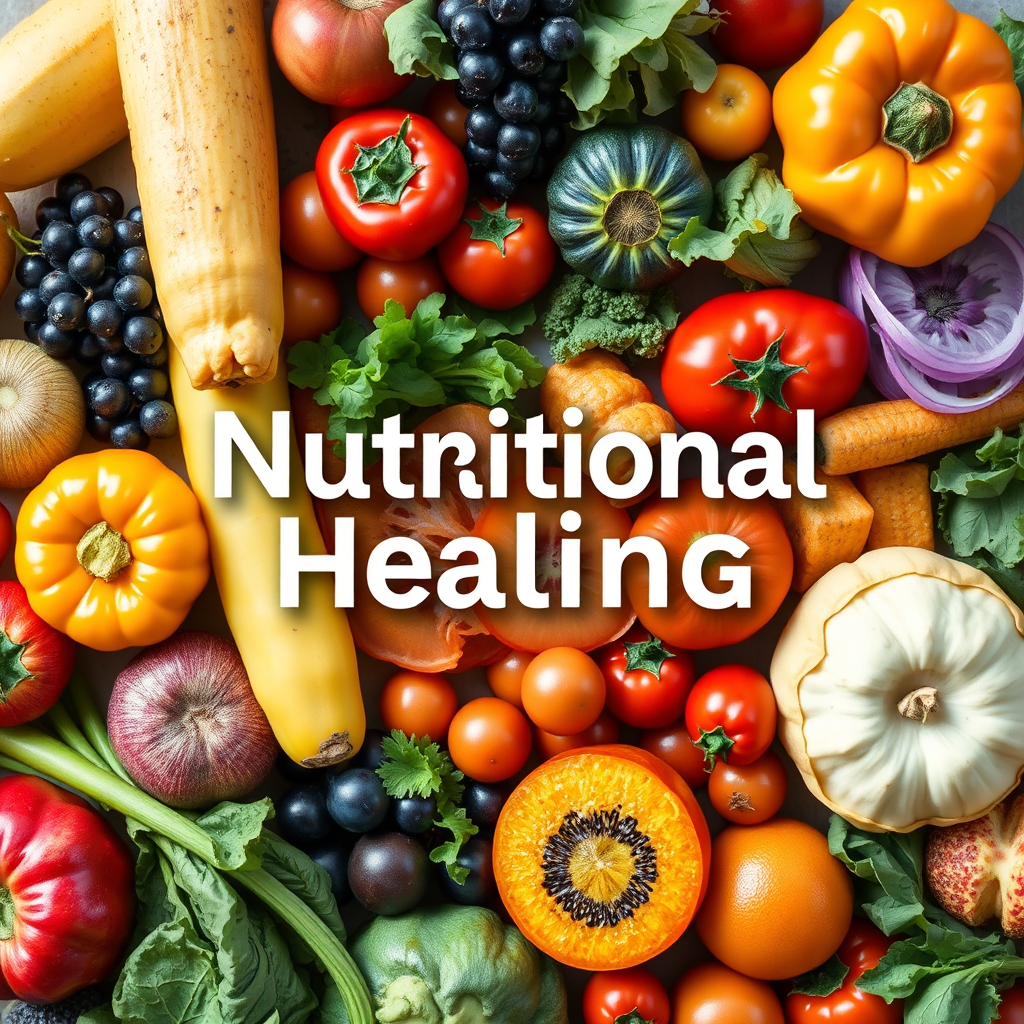A vibrant assortment of colorful fruits and vegetables arranged in a visually appealing composition, representing nutritional healing. High-resolution, detailed textures. 4K resolution.