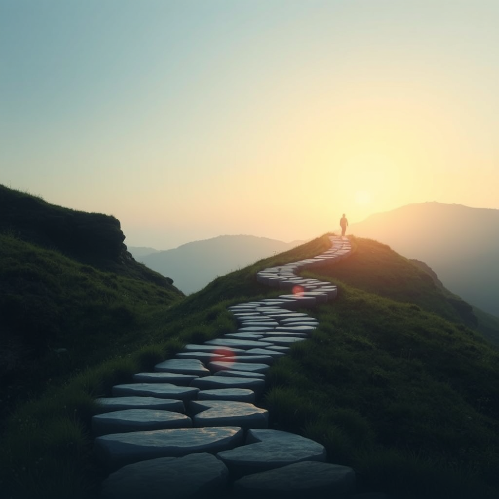 A visual representation of a path leading to a state of well-being. The path should be winding and personalized, with different elements representing various therapies and milestones along the way. Use natural elements and soft lighting to create a sense of hope and progress.